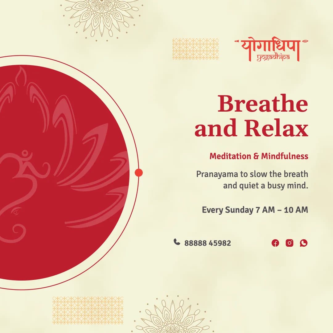 Post: Breathe and Relax, right-aligned beside a crimson circle on the left.
