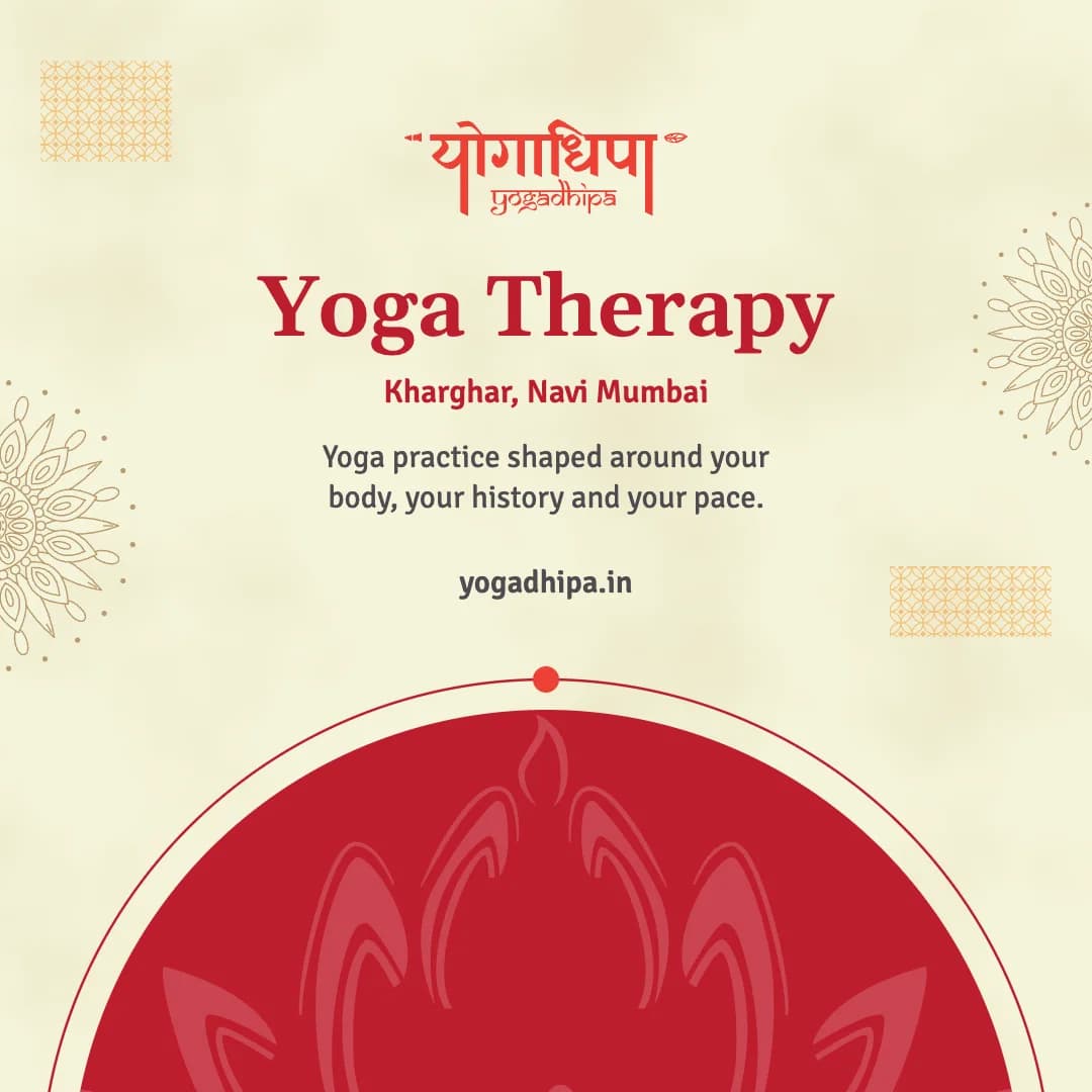 Post: Yoga Therapy, Kharghar, Navi Mumbai, above a crimson circle rising from the foot.