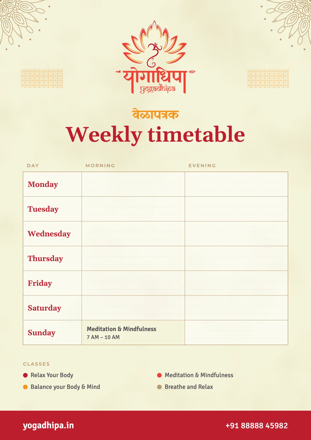 The A3 timetable: the logo, वेळापत्रक and ‘Weekly timetable’, a grid of mornings and evenings for each day, and a crimson footer with yogadhipa.in.