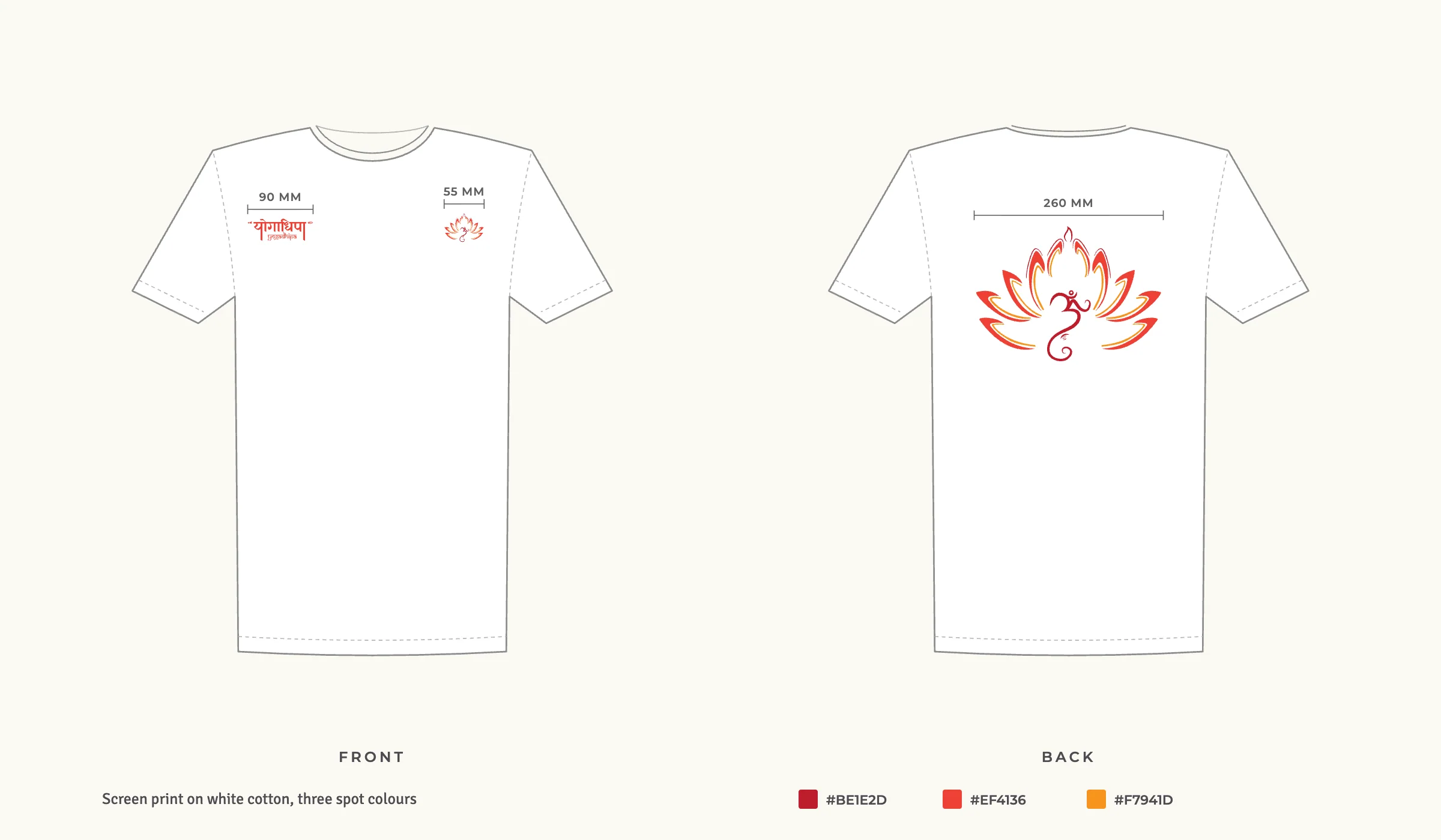Flat drawings of the T-shirt, front and back: the wordmark at 90 mm and a 55 mm lotus on the chest, a 260 mm lotus on the back, in three spot colours.